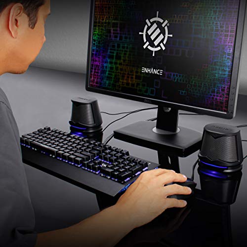 ENHANCE SB2 PC Speakers with Blue LED Glow Lights and 2.0 USB Powered Design - 10W Peak Sound, 3.5mm Wired Connection, in-Line Volume Control - Compatible with Gaming Desktop, Laptop, PC - Black - color: Blue