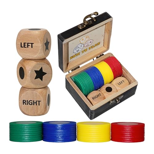 Left Right Roll Dice Game Set, 3 Wood Dice & 36 Plastic Chips | Travel Wooden Box, Fun Family Party Dice Games, For Adults, Teens & Friends, Black - color: Black