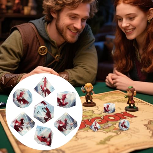 DND Dice Set, Dragon Theme Dice Set, UV Printed, Resin Material, DND Starter Set, 7pcs Polyhedral Dice Set with Dice Box, Role Playing Board Games Accessories - color: Dragon Style Gift Box
