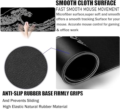 Large Gaming Mouse Pad, Waterproof Extra Large Big Mouse Pad with Stitched Edge, XXXL Non-Slip Black Computer Long Mousepad for Gamer, Office & Home, Wave Lines - color: Sea Wave, size: 35.4L x 15.7W inches