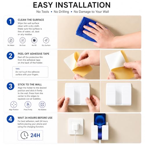 Wall Phone Holder, Adhesive Phone Wall Mount with Cable Hole, Bathroom Bedside Kitchen RV Phone Holder Compatible with iPhone, Android Phones and Remote Controls (White) - color: White
