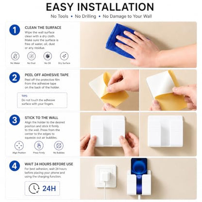 2 Pack Wall Phone Holder, Adhesive Phone Wall Mount with Cable Hole, Bathroom Bedside Kitchen RV Phone Holder Compatible with iPhone, Android Phones and Remote Controls (White) - color: 2 Pack-W
