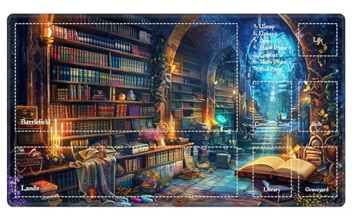 MTG Playmat with Zones for Card Gameplay, 24"x14" Magic Play Mat for Commander, Deck Gaming, Dueling - color: Magical Library, size: 24"X14" With Zones