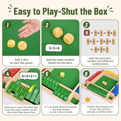 Shut The Box Game,Travel Dice Game for Kids and Adults,2-4 Players Board Game(Spare Dice)