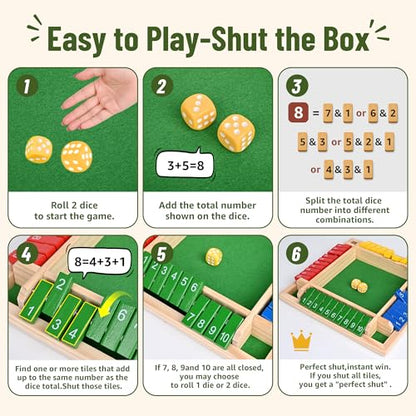 Shut The Box Game,Travel Dice Game for Kids and Adults,2-4 Players Board Game(Spare Dice)