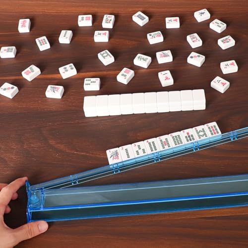 ZGME American Mahjong 세트, 부드러운 가방과 액세서리가 있는 프리미엄 화이트 타일 166개, 푸셔가 있는 올인원 마작 랙 4개, 완벽한 웨스턴 마작, 마작, 마작 세트 - color: 블루.
