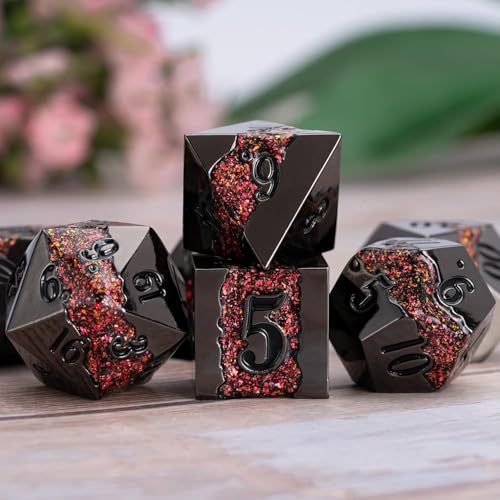 Metal Polyhedral Dice Set, 7PCS RPG Dice with Galaxy Glitter Resin Inlay for Dungeons and Dragons, Pathfinder Tabletop Role Playing Games - color: Black Nickel Red