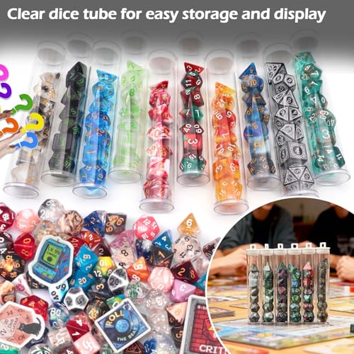 Haxtec Mystery DND Dice Set, 7 Pcs Random Resin Polyhedral RPG Dice | 3 Funny Waterproof Stickers, Clear Tube Case, TTRPG Gifts, Dungeons & Dragons, No Duplicates in 2/5 Packs - style: Classic + Tube
