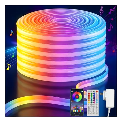 32.8FT RGB LED Strip Lights DC24V Color Changing LED Rope Lights | Neon Light Strip with Remote & App Control, IP65 Waterproof Music Sync LED Light Strip for Gaming Room, Kitchen, Party Decor - size: 32.8FT-With Adapter