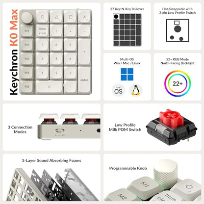Keychron K0 Max QMK Wireless Custom Number Low-Profile RGB Backlit (Hot-Swappable) Red Switch Keypad, 2.4 GHz & Bluetooth 5.3 Connection, 1000Hz Polling Rate - Retro Version - color: Red Switch, size: Retro