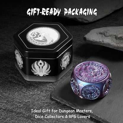 DNDND Spinner D&D Dice, Unique 8-in-1 Hexagonal Metal DND Dice with Dual D20 Monster Themed Dice Set for DND Dungeons and Dragons, Dungeon Masters with Collectible Gift Tin (Chameleon) - color: Chameleon