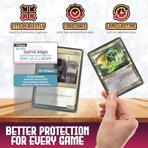 Sleeve Kings Standard Card Sleeves – 110 Count, Clear 60 Micron Thickness, Medium MTG Size (63.5 x 88 mm), Compatible with Magic: The Gathering & More – SKU: SKS-8810 - size: 63.5 x 88 mm, style: Card Game