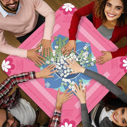 Mahjong Mat 31.5" x 31.5" Mahjong Table Mat with Rules Anti Slip Noise Reduction Pink Flower Gaming Tablecloth for Poker, Card, Board Tile Games Mah Jongg Table Cover with Carrying Bag (Pink) - style: Pink Flower