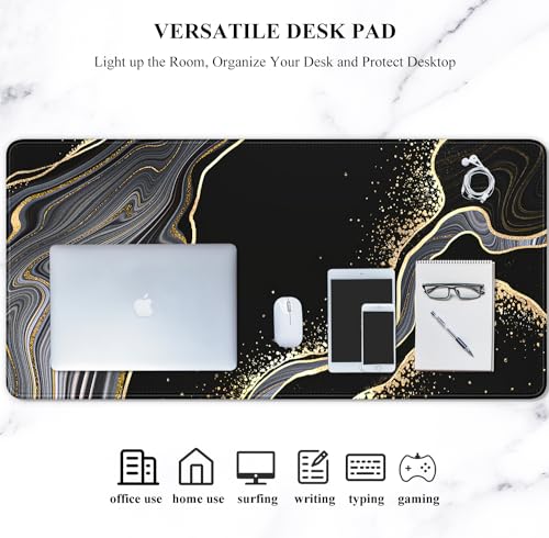 Auhoahsil Extended Mouse Pad, XXL Desk Pad Gaming Mousepad, Large Big Laptop Computer Keyboard Desk Mat with Non-Slip Base Stitched Edge for Gaming Office Men Women, 35.5 x 15.7 in, Black Marble - color: 05 Black Gold Marble, size: XXL - Extended size 35.