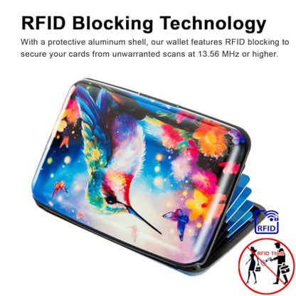 Credit Card Holder Small RFID Blocking Wallet Business Metal Slim Mini Aluminum Hard Case for Women Men - color: Butterfly Hummingbird