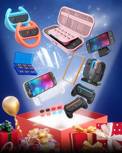 Switch 2 Accessories, Case Bundle for Nintendo Switch 2 2025 Console | [Charge Inside]FYOUNG 23 IN 1 Kit:Carrying Case,Controller Charger,Protective Shell,Grip for Joycon, Steering Wheel -Pink - color: Pink