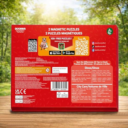 QUOKKA Magnetic Puzzles for Kids Ages 4-6 – 100 PCS Magnetic Puzzle Book for Toddlers 3-5 – 2 Puzzles & 2 Spot The Difference Maps – Search & Find Travel Games – Activity Book Dinos & City Cars - color: Dino 100pcs