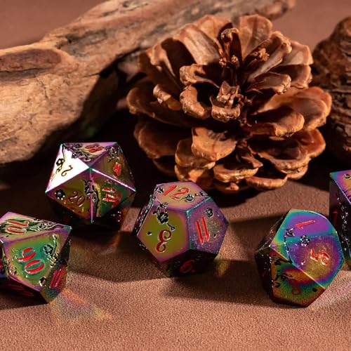UDIXI Metal Dice Set D&D, 7PCS Flower Metal DND Dice Set Rainbow for RPG | Black Flower, Metal Case Packaging, Heavy Metal Dice, D&D Gift, for Dungeons and Dragons Role Playing Games Tabletop Games - color: Flower/Colorred