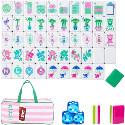 4 Layer Mahjong Tiles, 2026 Premium 160 Pcs Acrylic American Mahjong Tiles Set with Dice, Engraved Four Layer Mahjong Tile with Exquisite Carrying Bag, Home Trips Social Game (Cyan Floral) - color: Cyan Floral