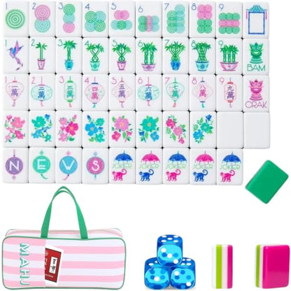 4 Layer Mahjong Tiles, 2026 Premium 160 Pcs Acrylic American Mahjong Tiles Set with Dice, Engraved Four Layer Mahjong Tile with Exquisite Carrying Bag, Home Trips Social Game (Cyan Floral) - color: Cyan Floral