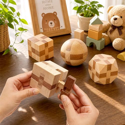 4 Pack Wooden Puzzle Games Brain Teasers Toy- 3D Puzzles for Teens and Adults - Wooden Logic Puzzle Wood Snake Cube Magic Cube Magic Ball Brain Teaser Intellectual Removing Assembling Toy
