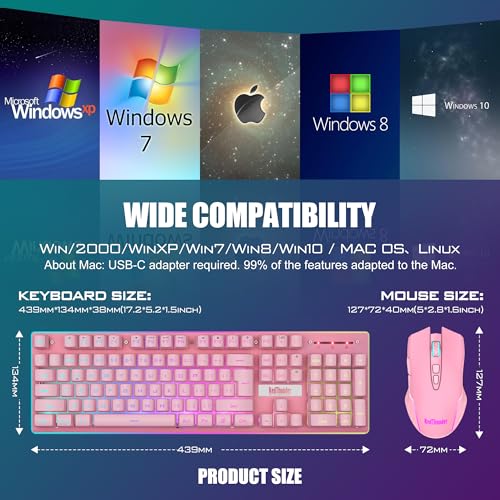 RedThunder K10 Wireless Gaming Keyboard and Mouse Combo, LED Backlit Rechargeable 3800mAh Battery, Mechanical Feel Anti-ghosting Keyboard + 7D 3200DPI Mice for PC Gamer (Pink) - color: Pink