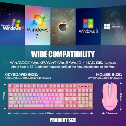 RedThunder K10 Wireless Gaming Keyboard and Mouse Combo, LED Backlit Rechargeable 3800mAh Battery, Mechanical Feel Anti-ghosting Keyboard + 7D 3200DPI Mice for PC Gamer (Pink) - color: Pink