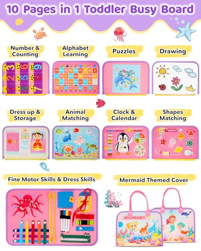 SaFeli Toddler Busy Board, Montessori Toys for Toddler Girl Birthday Gifts, Learning Toys Sensory Busy Book Toys for Toddlers, Travel Educational Book for Airplane Car | Birthday Gift for Girls, Pink - size: Mermaid - Pink