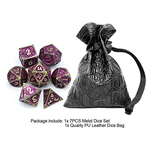 Haxtec Metal Dice Set Purple Black Dragon Pattern Metal DND Dice with Leather Dice Bag Polyhedral D&D Dice Compatible with Dungeons and Dragons TTRPG Gifts - color: Bronze Matt Purple