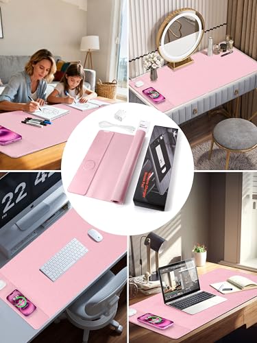 TopMade Mouse Pad with 15W Wireless Charging, XXL Large Leather Desk Mat, Waterproof Gaming Mousepad Home Office Desk Pad Protector, Pink (Includes 20W PD Power Adapter & 6.56ft Woven Cable) - color: Pink With Adapter