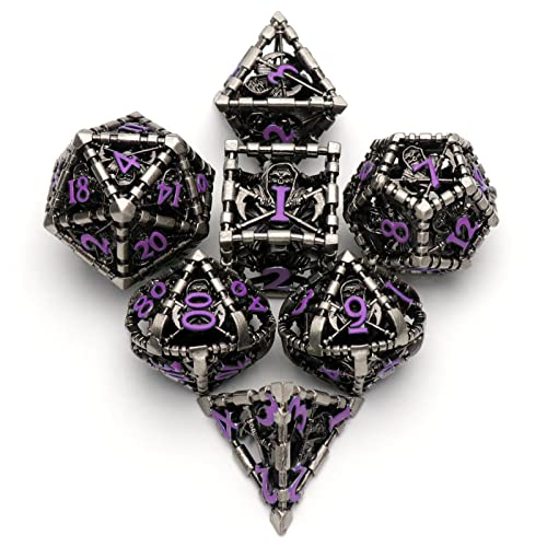 DND Dice Set,Grim Reaper Design Hollow Metal 7-Die,Purple Numbers | Lightweight copper dice,Easy-To-Read Engraved Numbers,a Gift Box and Velvet Bag for DND RPG Play - color: Grim Reaper Purple Number