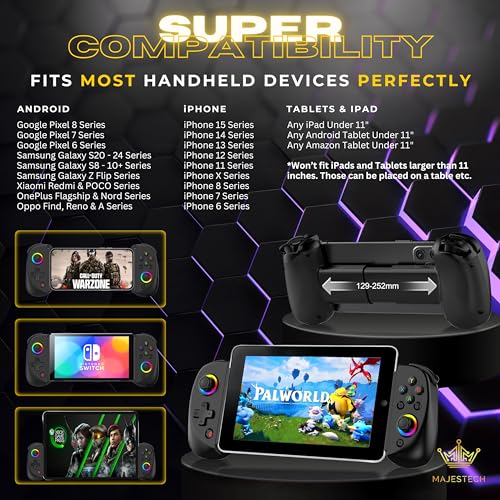 MAJESTECH NEW D8 Mobile Gaming Controller for iPhone/Android/iPad/Tablet, Play Xbox Cloud, Playstation Remote Play, Steam/PC, Switch! RGB Hall Joystick/Trigger Wireless Bluetooth Phone Game Controller