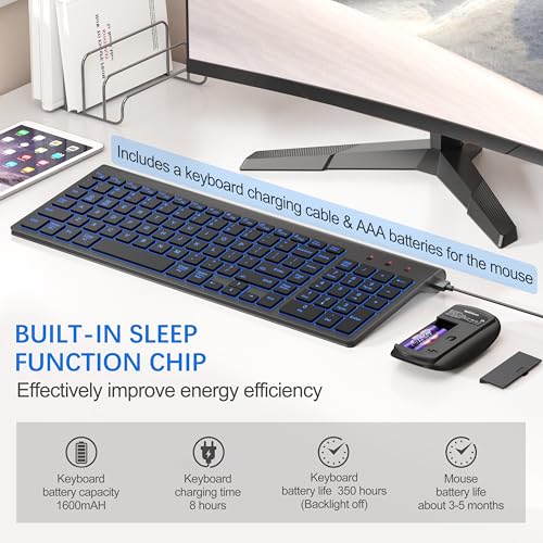 Wireless Backlit Keyboard and Mouse Ultra Slim Combo, TopMate 2.4G Silent Compact 2400DPI Mouse and Scissor Switch Keyboard Set, Batteries Included, for PC/Laptop/Windows/Mac/Gaming - BL Matte Black - color: BL Matte Black