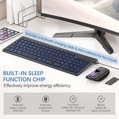 Wireless Backlit Keyboard and Mouse Ultra Slim Combo, TopMate 2.4G Silent Compact 2400DPI Mouse and Scissor Switch Keyboard Set, Batteries Included, for PC/Laptop/Windows/Mac/Gaming - BL Matte Black - color: BL Matte Black