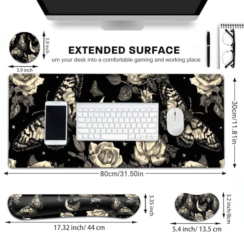 Large Gaming Mouse Pad+ Keyboard Wrist Rest Set, Ergonomics Memory Foam Mouse Mat Wrist Rest Support for Home Office, Waterproof Extended Mousepad 31.5x11.8in, Rose and Butterfly Black Desk Pad - color: Yvb-mousepad-9-f-153