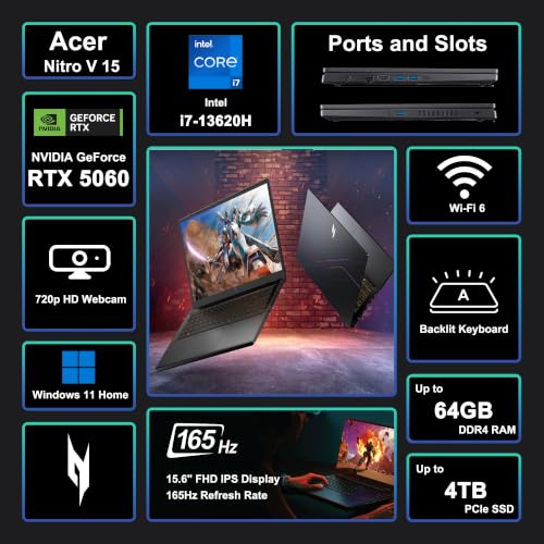 iCarp Customized Laptop Made with Acer Nitro V 15 Gaming Laptop 15.6" FHD IPS 165Hz Intel 10-core i7-13620H 16GB/32GB/64GB RAM 512GB/1TB/2TB/4TB SSD GeForce RTX 5060 GDDR7 (572 AI Tops) Backlit Win11 - style: i7-13620H + RTX 5060