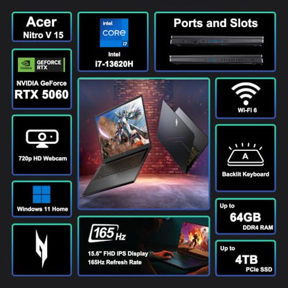 iCarp Customized Laptop Made with Acer Nitro V 15 Gaming Laptop 15.6" FHD IPS 165Hz Intel 10-core i7-13620H 16GB/32GB/64GB RAM 512GB/1TB/2TB/4TB SSD GeForce RTX 5060 GDDR7 (572 AI Tops) Backlit Win11 - style: i7-13620H + RTX 5060