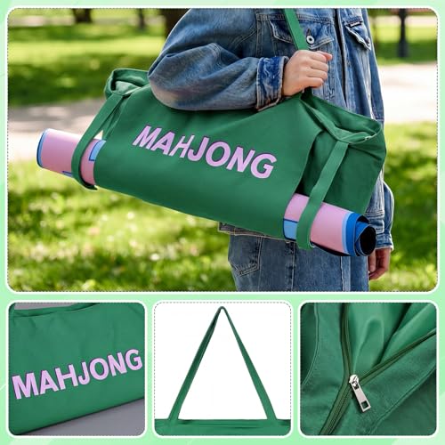 Abbylike 28x9 Inches Mahjong Bag for Rolled Mat Tiles Racks Pushers Accessories Empty Mahjong Tote Bag with Zipper Closure Outer Pockets Lining Large Capacity(Green,Canvas) - color: Green