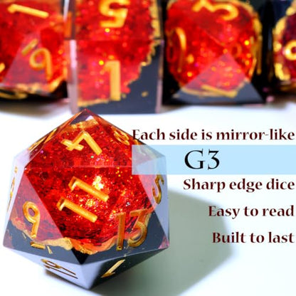 XENOLUX Polyhedral Resin DND Dice Set, Sharp Edge Red Geode Magma RPG Dice with Tin Box, Tabletop Board Games Accessories for Dungeons and Dragons (G3) - color: G3