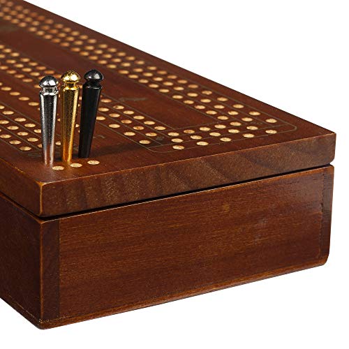 WE Games 3 Player Wood Cribbage Set - Easy Grip Pegs and 2 Decks of Cards Inside of Board - Walnut Stained - color: Walnut Stain
