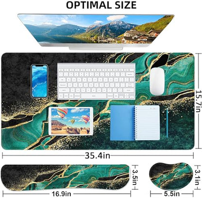 Large Mouse Pad with Wrist Rest, 4-in-1 Wrist Rest for Keyboard and Mouse | Non-Slip Waterproof Desk Mat Set, 35.4"x15.7" Desk Mat+Keyboard Wrist Rest+Mouse Wrist Support+Cup Coaster for Home Office - color: 4Pcs-Gold Green Marble