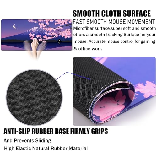 Large Extended Gaming Mouse Pad with Stitched Edges, Non-Slip Waterproof Rubber Base Mouse Pad for Office, Computer, Laptop and Home Mousepad 31.5 x 15.7 Inch, Janpanese Sakura - color: Sakura