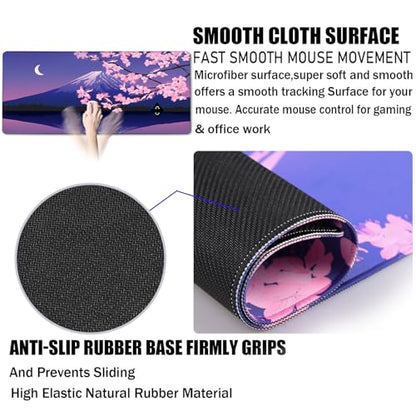 Large Extended Gaming Mouse Pad with Stitched Edges, Non-Slip Waterproof Rubber Base Mouse Pad for Office, Computer, Laptop and Home Mousepad 31.5 x 15.7 Inch, Janpanese Sakura - color: Sakura