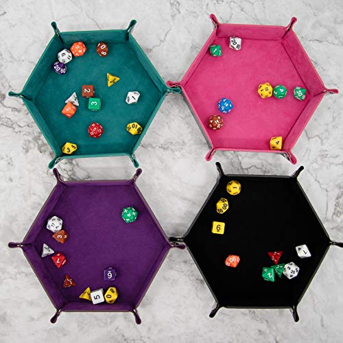 SIQUK 4 Pieces Dice Tray Hexagon Dice Rolling Holder Folding PU Leather Dice Trays for Dice Games Like RPG, DND and Other Table Games (Cyan, Pink, Violet and Black) - color: Cyan, Pink, Violet and Black