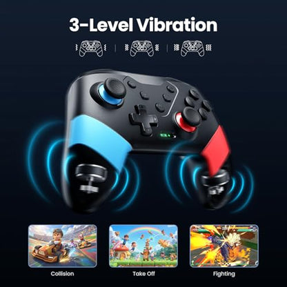 VOYEE Switch Controllers Compatible with Switch/Lite/OLED, Programming Wireless Pro Controller with Motion Control, Vibration, Wake-up, Turbo, Screenshot - color: Red+Blue