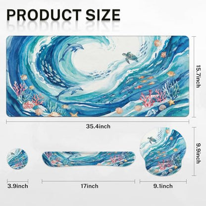 Arttown Keyboard Mouse Pad Set, 4 in 1 Desk Mat Set Ocean Dolphin | Turtle Blue Large Mousepad+Keyboard Wrist Rest+Mouse Wrist Rest+Coaster Ergonomic Design for Home Office Computer - color: Blue Ocean