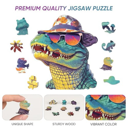 Reouinty Wooden Puzzle 500 Piece, Cool Glasses Crocodile Jigsaw Puzzles, Unique Puzzle, Beautiful Wooden Puzzle with Box Birthday Gifts for Family Game 16x17.6 in - color: Glasses Crocodile, size: 500pcs