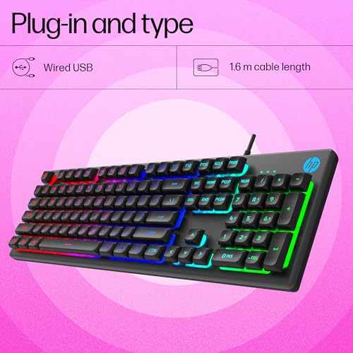 HP K500F Backlit Membrane Wired Gaming Keyboard with Mixed Color Lighting, Metal Panel with Logo Lighting, 26 Anti-Ghosting Keys,