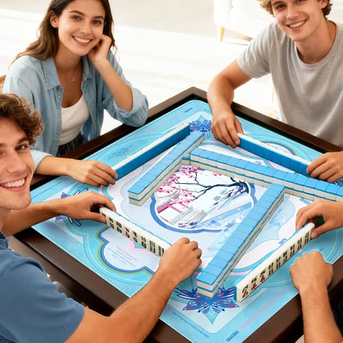 KUNTE Mahjong Mat,Blue Blossom Stream, 32"x32" | Non-Slip, Quiet, Waterproof, Foldable, For American Mahjong - color: Blossom Stream