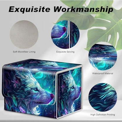 Magnetic Closure TCG Deck Box Portable Card Holder Trading Card Deck Box | PU Leather Collectible Card Case Game Trading Card Deck Box Storage Scratch Resistant Lining, Blue And Purple Glowing Wolf - color: Blue And Purple Glowing Wolf